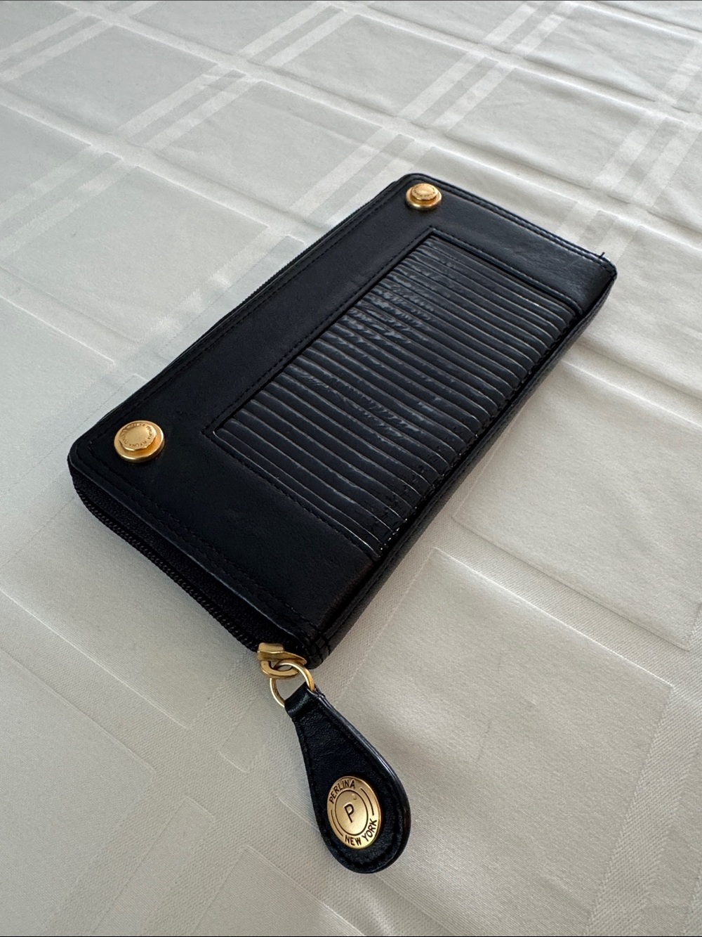 La Perla Black Leather Zip-Around Wallet with Gold Hardware